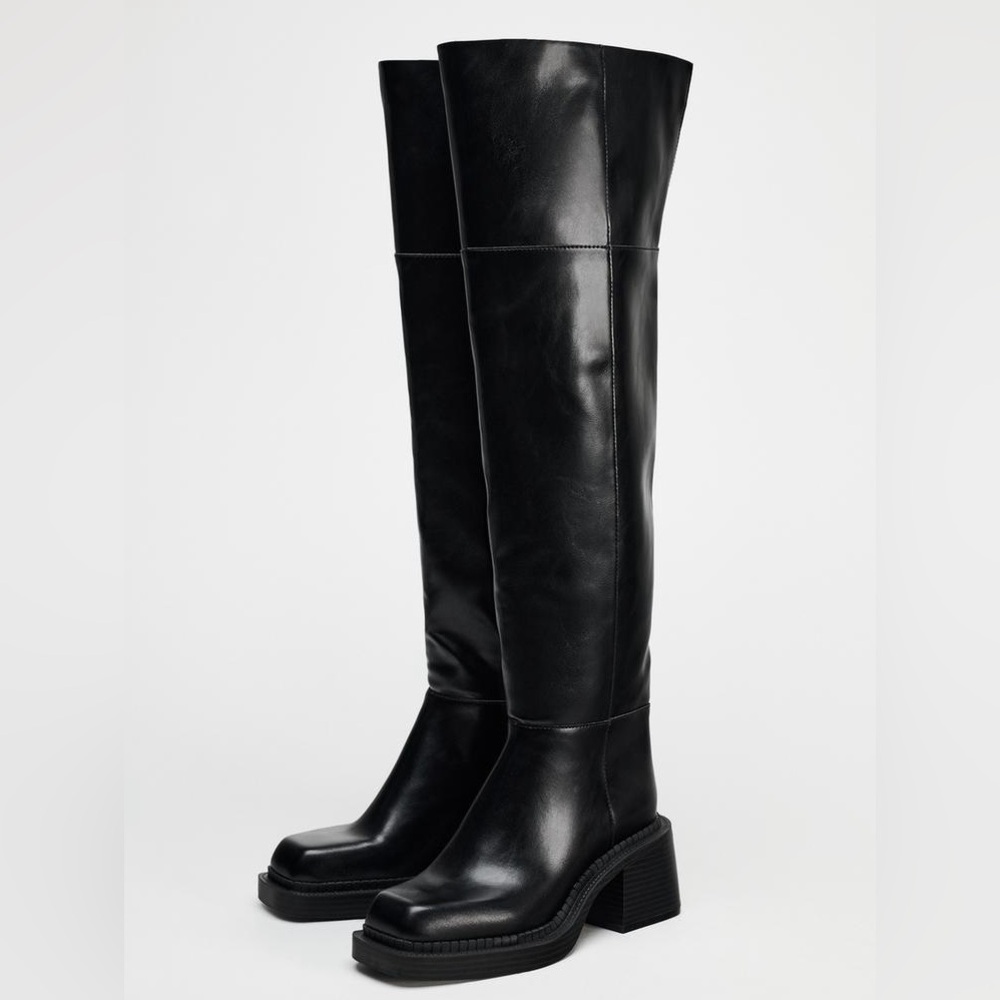 Zara Women’s 6 Extra Long Square Toe Black Boots Thigh High Over The Knee Combat